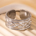 Silver adjustable wide open ring featuring detailed woven celtic texture in polished steel - Steel Color 36
