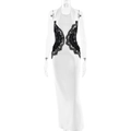 Elegante abito lungo bianco a girocollo con applicazioni di pizzo nero sulla vita - S / Bianco