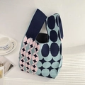 Blue and pink geometric knit tote bag with polka dot pattern and stylish hand strap - Navy Blue Polka Dots