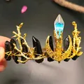 Macro detail of handmade bridal crown with black crystals and golden crescent moon - Black Crystal + Gold Wings Moon Flat Style