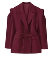 Detail of burgundy blazer showing notched lapels, tie-waist belt and structured shoulders - Burgundy