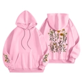 Vista fronte e retro della felpa rosa con cappuccio, stampe floreali e tasca a marsupio - S / Tops / Fiori Rosa