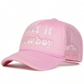 Pink trucker hat with Cool it cowboy embroidery and breathable mesh in a 45-degree view - One Size / All Pink