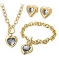 Golden heart jewelry set with dark grey crystals including necklace bracelet and earrings - Gold 3-Piece Set - Dark Grey Gem (KS193436-Z)