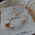 Bohemian style beaded necklace with white pearls, orange stones and golden accents - Red Agate Necklace XL0170