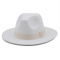 Detailed view of white wool fedora hat with elegant light beige ribbon decoration - White