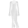 Detail view of white flare sleeves and single-breasted buttons on a slim maxi dress - S / White