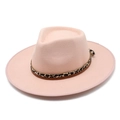 Detail of a pink wool fedora hat featuring leopard print ribbon and leather trim detail - M (56-58cm) / Pink