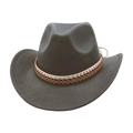Grey wool wide brim cowboy hat with ethnic style star rivets and brown leather band - One Size / Gray
