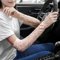 Beige floral lace sun protection arm sleeves with thumb holes for driving - Pink 40cm / One Size
