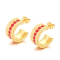 French vintage C-shaped titanium steel earrings with red gemstones on white background - Style E Red Rhinestone Retro Inlay (KE109235-MI)
