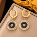 Elegant gold drop earrings with blue and yellow concentric circles and white rhinestones - [G3074] Gold Multi-layer Concentric Circle Earrings