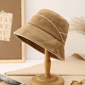 Dark beige cotton linen fisherman hat with white decorative piping on wooden stand - M (56-58cm) / Brown