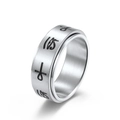 Edelstahl-Spinner-Ring mit graviertem Om Mani Padme Hum Mantra auf silbernem Band - Größe 7 / Sechs-Wort-Mantra / Stahlfarbe
