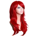 Vibrant red 70cm long wavy synthetic cosplay wig with bangs on a display mannequin - Red