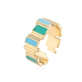 Detail of gold-plated geometric ring with turquoise enamel and zircon accents - Adjustable Open / Gold/Sky Blue/Green