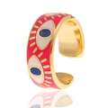 Primer plano de anillo abierto ojo turco con esmalte rojo y reflejo metálico dorado - Abierto Ajustable / Rojo