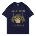 Dark blue cotton T-shirt featuring creative green Alligator Alcatraz graphic print - S / Navy Blue
