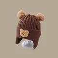 Infant winter knit trapper hat in coffee brown with cute plush bear ears and ear flaps - Teddy Bear Double Ball Brown (2 Months - 2 Years)