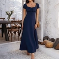 Elegant navy blue puff sleeve maxi dress with drawstring waist and vintage french style - S / Navy Blue