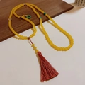 Buddhist mala necklace with yellow beads, turquoise accents and long reddish-brown tassel - Yellow Round Bead Tassel Style (26#)