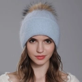 Light blue rabbit hair knit beanie with a large fluffy fur pom-pom and folded cuff - Sky Blue + Natural Pom-pom