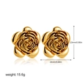 Detail view of 18K gold rose stud earrings with dimensions 24mm by 23mm and weight info - Gold
