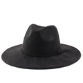Detail of black suede wide brim fedora with a decorative woven rope and tassel band - M (56-58cm) / Black