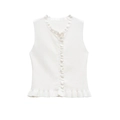 Gilet in maglia bianca con volant senza maniche e bottoni, design morbido a strati - Taglia S / Bianco