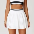 White high-waisted pleated tennis skirt with contrast black stripes and matching vest top - S / Swan White