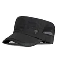 Black quick-dry flat top military cap with breathable mesh panels and shield emblem - Black