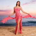 Robe de soirée à paillettes roses avec ourlet à volants et fente haute au coucher du soleil - XS / Rose