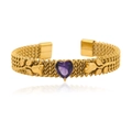 Detail of 18K gold plated mesh bangle with purple heart crystal and floral motifs - Purple