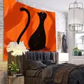 Halloween Wandteppich mit schwarzer Katze und orangem Hintergrund für Schlafzimmer - WSJ30 Kunst Schwarze Katze Silhouette