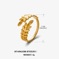 Adjustable 18K gold plated stainless steel leaf ring with detailed wheat ear design - Leaf Wheat Ear Short Style (ZN152) / Steel