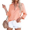 Chemisier élégant en satin orange à manches longues avec col en V et boutons pour femmes - S / Orange