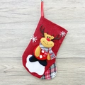 Red Christmas stocking with reindeer character, plaid heel and white snowflake accents - Linen Medium Stocking (Reindeer Style)