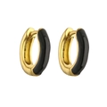 Detailed macro view of gold hoop earrings with black enamel coating and snap closure - Black