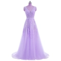 Elegant lavender V-neck lace embroidery evening gown with sleeveless A-line tulle skirt - S / Purple