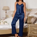 Damen Schlafanzug-Set aus dunkelblauer Seide mit V-Ausschnitt Top und Satin-Gerade Hose - S / Marineblau