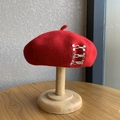 Red wool beret for women featuring triple silver metallic stud accents on the side - M (56-58cm) / Silver Buckle - Red