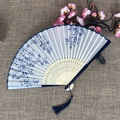 Chinese folding fan with blue porcelain floral patterns and carved bamboo ribs - No.19 Blue Porcelain Style Floral