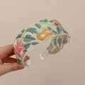 Floral embroidered headband featuring yellow and pink flowers on green mesh fabric - Thin Embroidered Green-Pink Mesh Headband