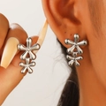 Elegant silver flower drop earrings in polished metal finish for a minimalist chic look - Silver Tone Stainless Steel Double Flower Stud Earrings (X001)