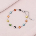 Detail of colorful enamel flower charms on a durable stainless steel chain link bracelet - Multicolor (Silver)