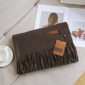 Deep coffee brown cashmere-feel scarf featuring elegant fringes and leather brand tag - 36# Coffee