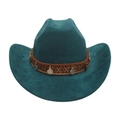 Dark teal western cowboy hat with ethnic patterned band and metallic coin charms - Dark Green