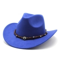 Detailed macro view of bright blue felt cowboy hat with woven band and evil eye charm - M (56-58cm) / Blue