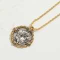 Vintage gold and silver coin pendant necklace with embossed portrait and crystals - Hollow Out
