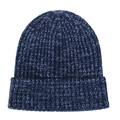 Close-up of navy blue ribbed knit beanie with white flecked yarn and folded brim - Navy White
